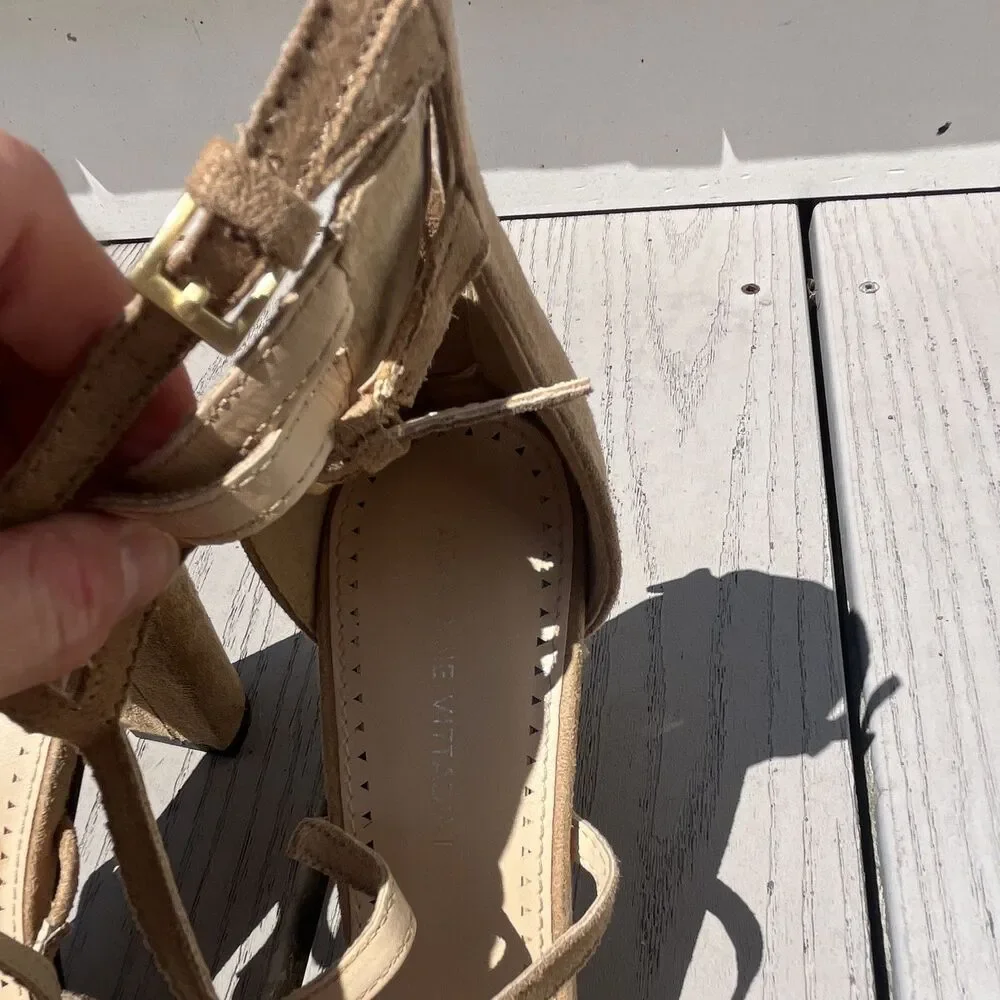 Adrienne Vittadini Women’s Beige Suede Pointed Toe Strappy Block Heels US 10
